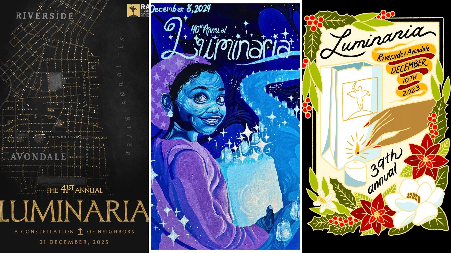 From left to right: 41st Annual Luminaria artwork by Weston Vierregger; 40th Annual Luminaria artwork by Tatiana Kitchen; 39th Annual Luminaria artwork by Myra Oh